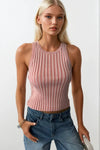 Ribbed Swim Collar Pink Blouse 