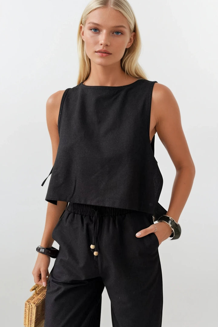 Straight Cut Black Trousers with Tie Waist 