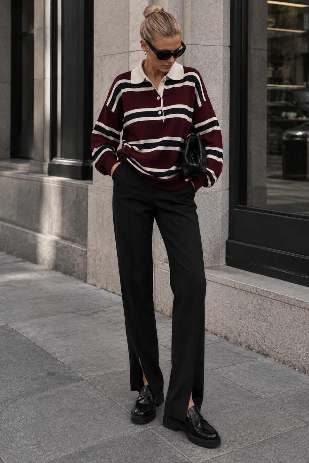 Striped Buttoned Polo Neck Burgundy Knit Blouse