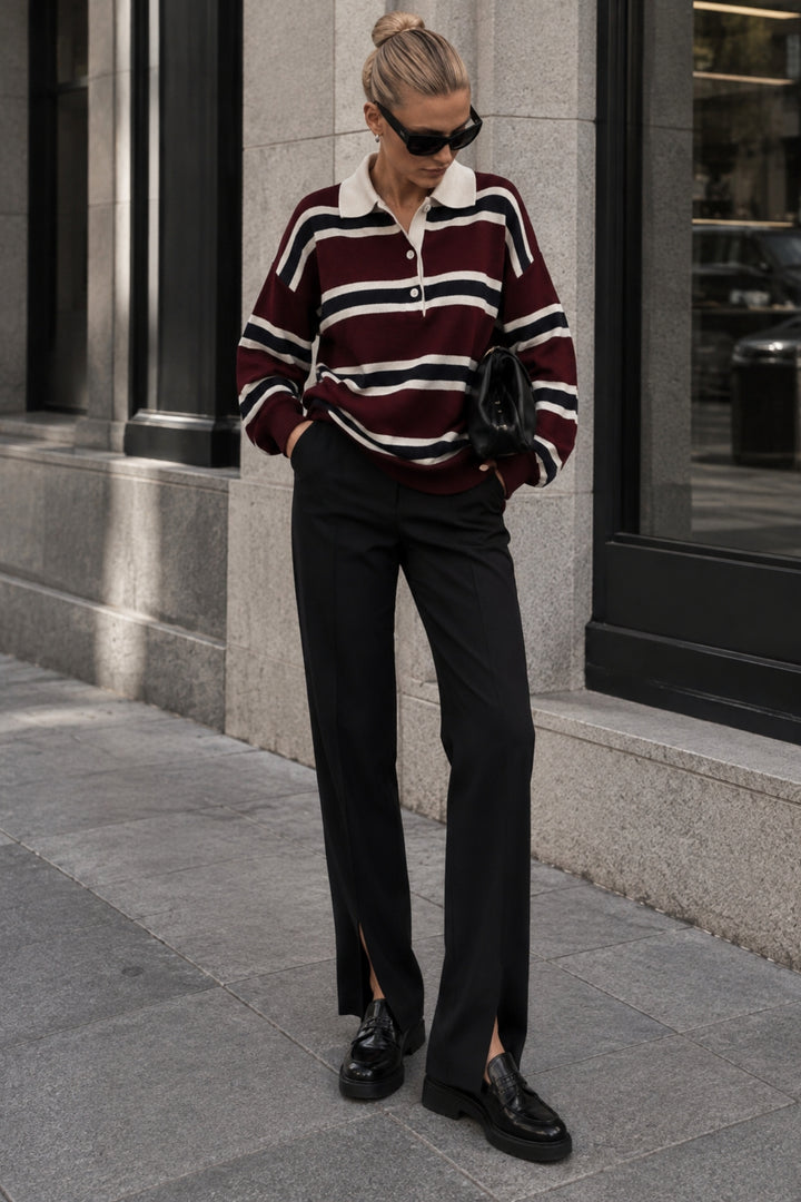 Striped Buttoned Polo Neck Burgundy Knit Blouse