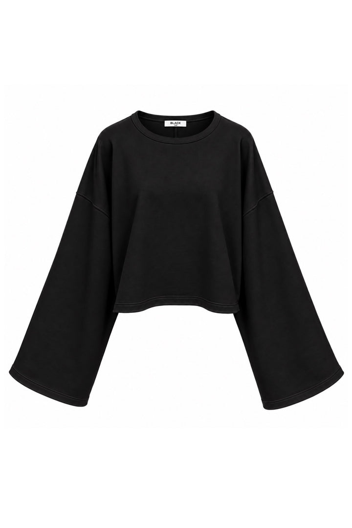 Geniş Kol Bisiklet Yaka Siyah Basic Sweatshirt