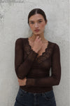 Brown Transparent V-Neck Blouse with Lace Detail