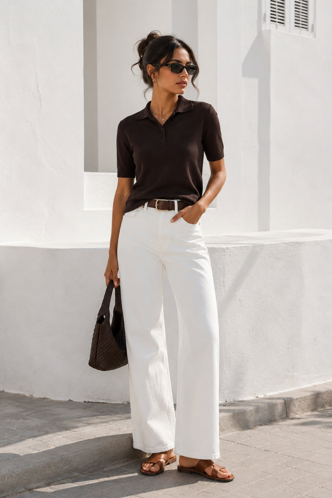 Polo Collar Button-Down Short Sleeve Brown Knit Blouse