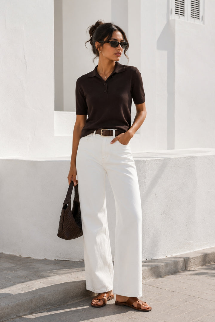 Polo Collar Button-Down Short Sleeve Brown Knit Blouse