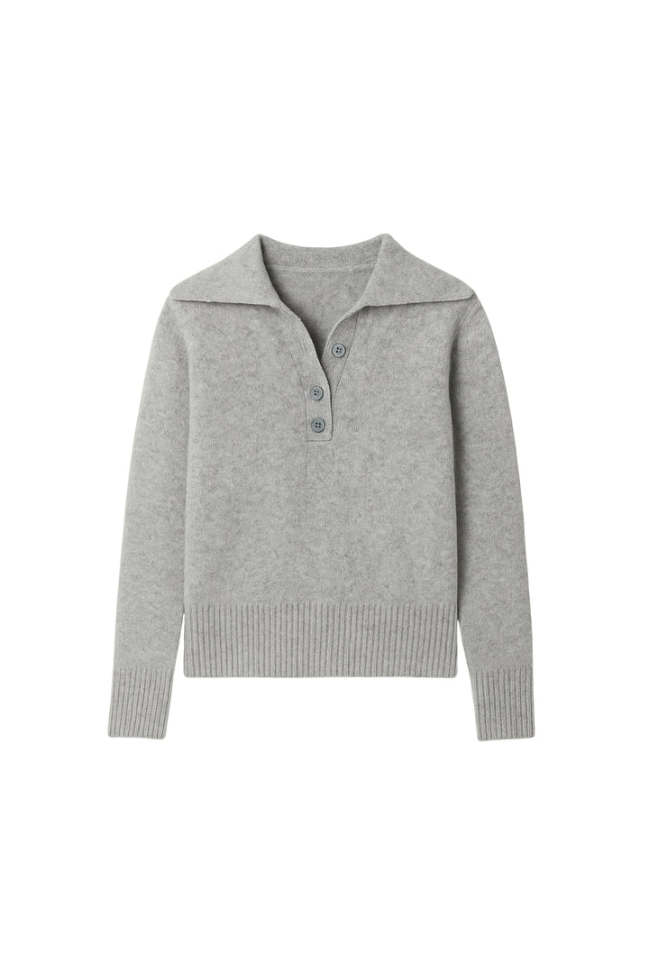 Polo Yaka Gri Düğmeli Triko Kazak