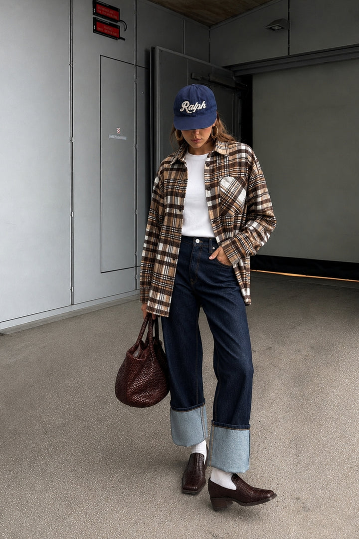 Basic Oversize Kahverengi Ekose Gömlek