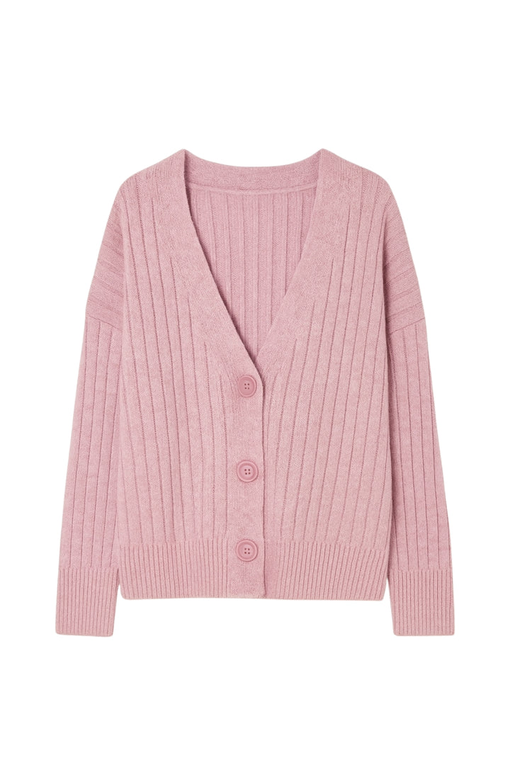 Düğmeli V Yaka Pembe Triko Hırka