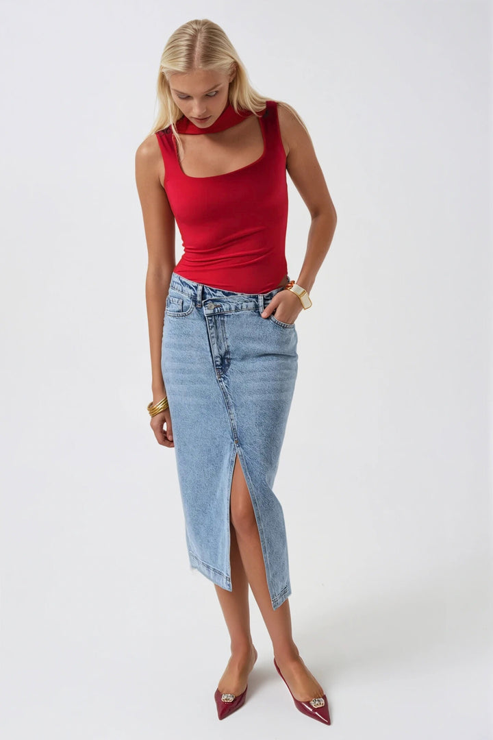 Yırtmaç Detay Denim Midi Açık Mavi Etek