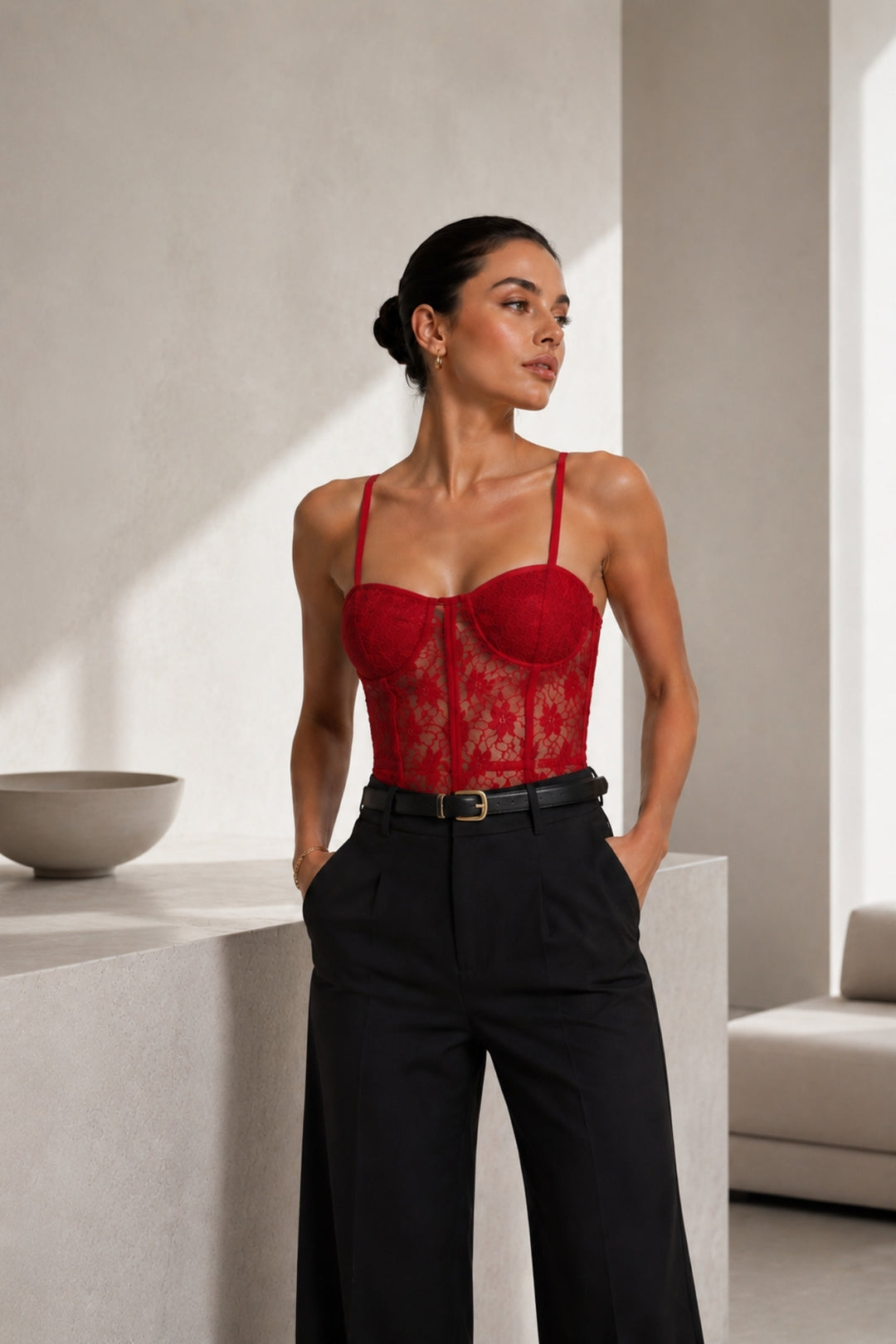 Glop Detay Askılı Kırmızı Güpür Bodysuit