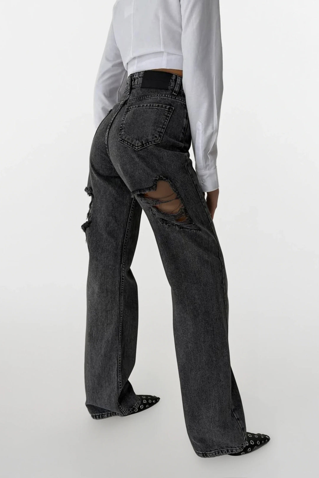 Back Laser Cut Wide Leg Black Jeans 