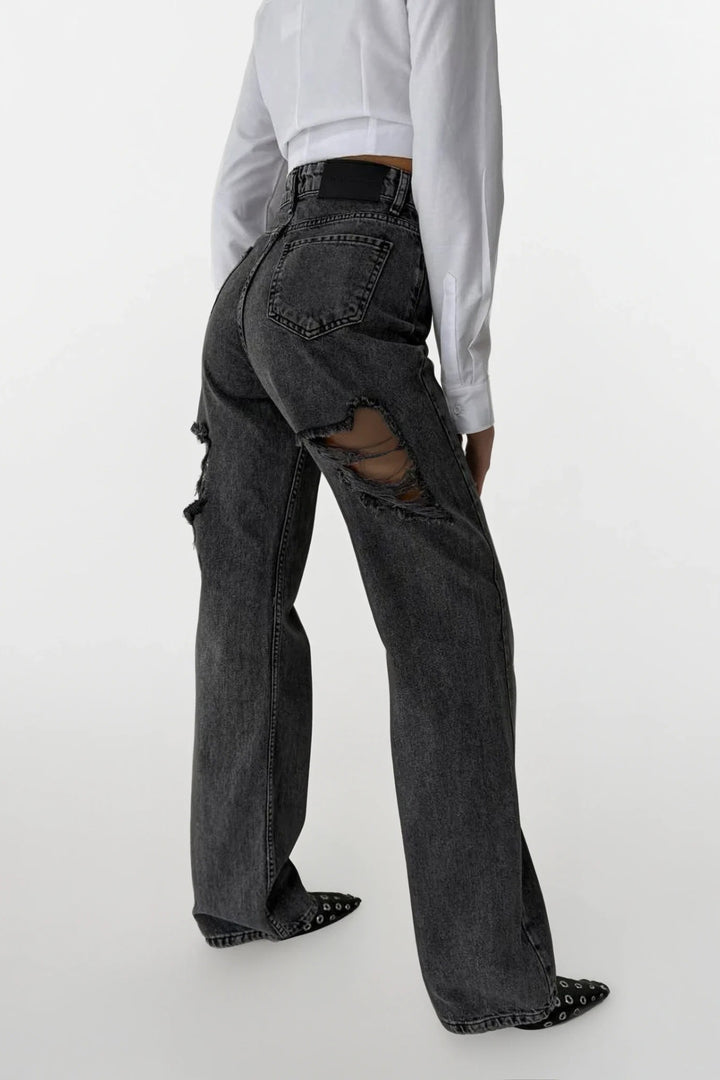 Back Laser Cut Wide Leg Black Jeans 
