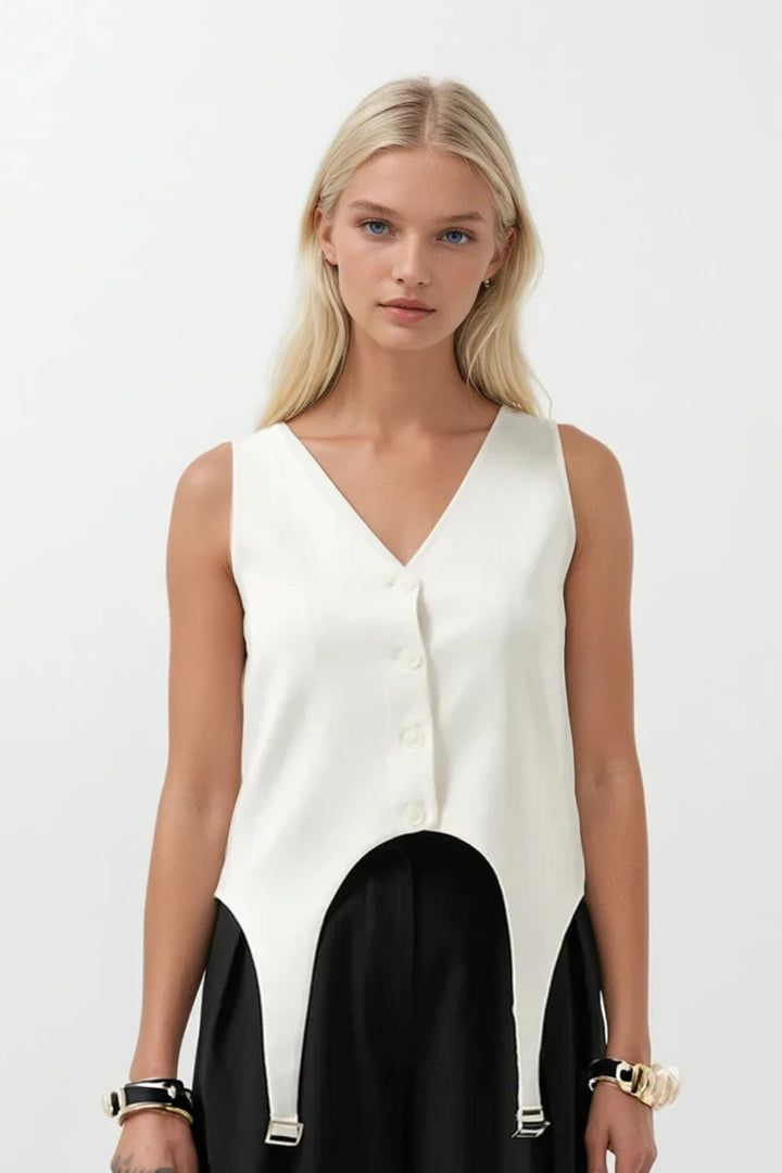 Belt Detail V Neck White Vest 