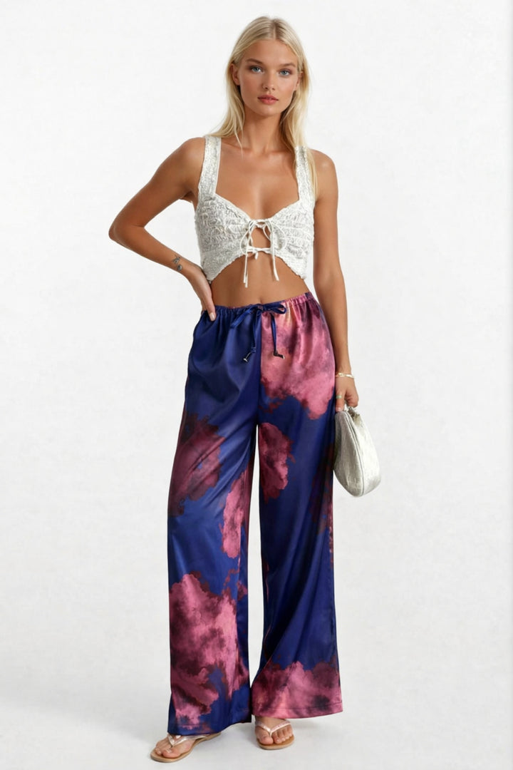 Bel Lastikli Desenli Saten Lacivert Pantolon