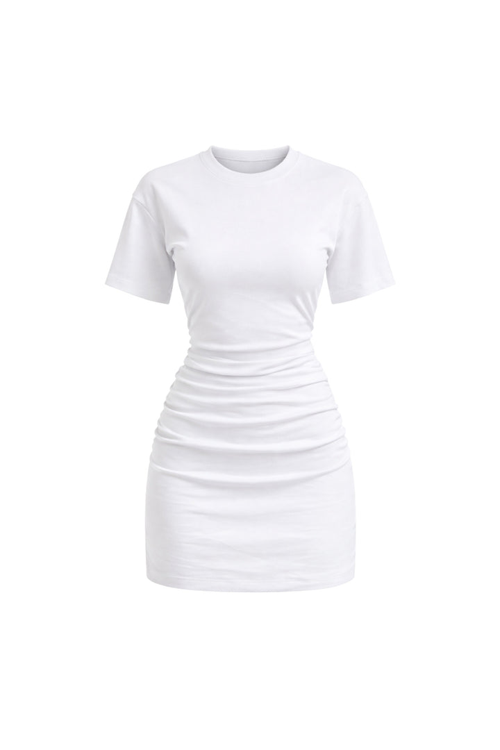 Bel Oturtmalı Büzgülü Beyaz Mini Elbise