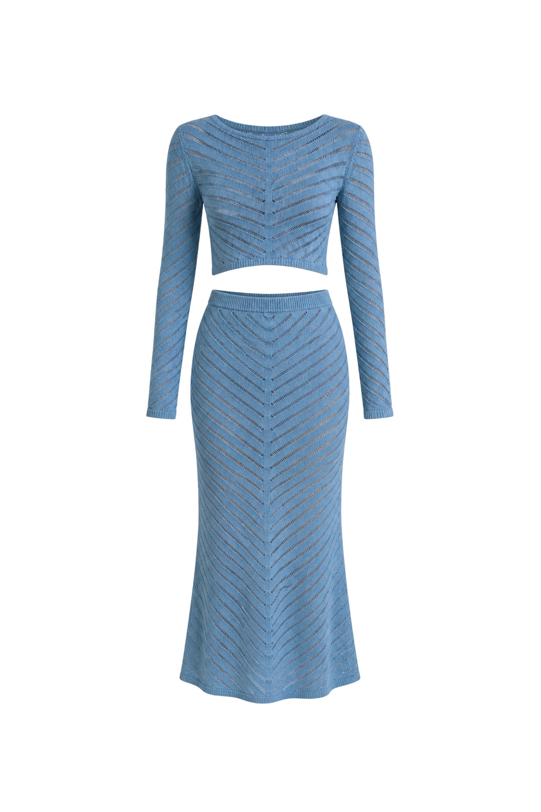Örgü Desen Crop Bluz Maxi Etek İkili Mavi Triko Takım