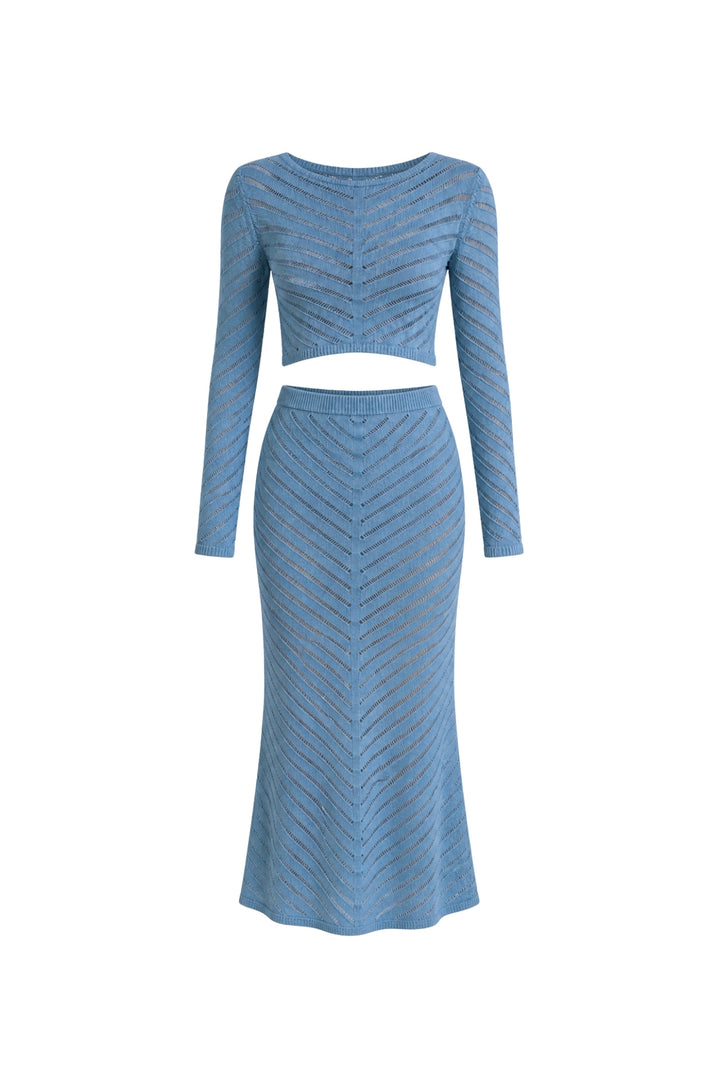 Örgü Desen Crop Bluz Maxi Etek İkili Mavi Triko Takım