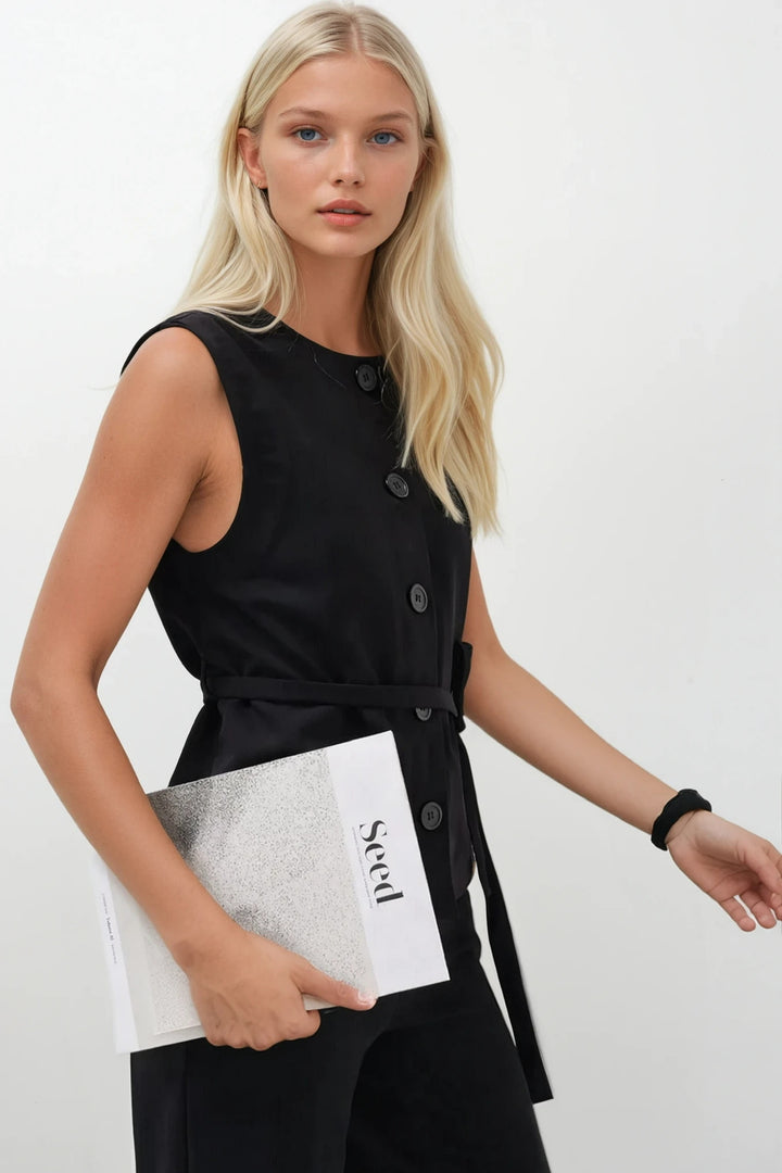 Kuşaklı Dokuma Siyah Yelek