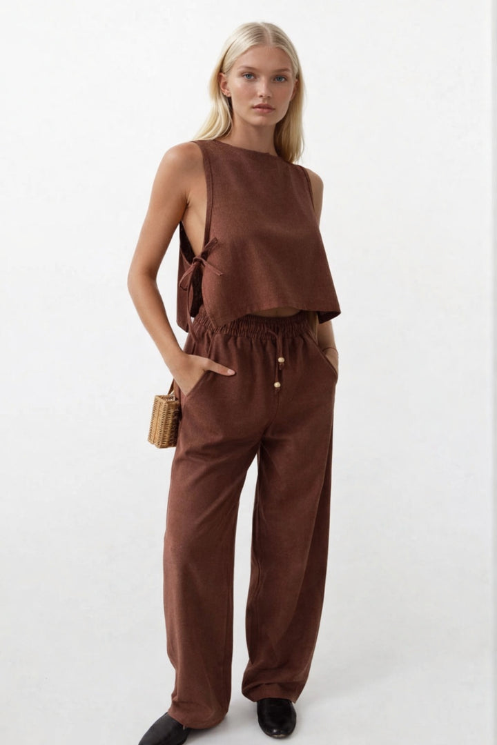 Straight Cut Brown Trousers with Waist Tie 