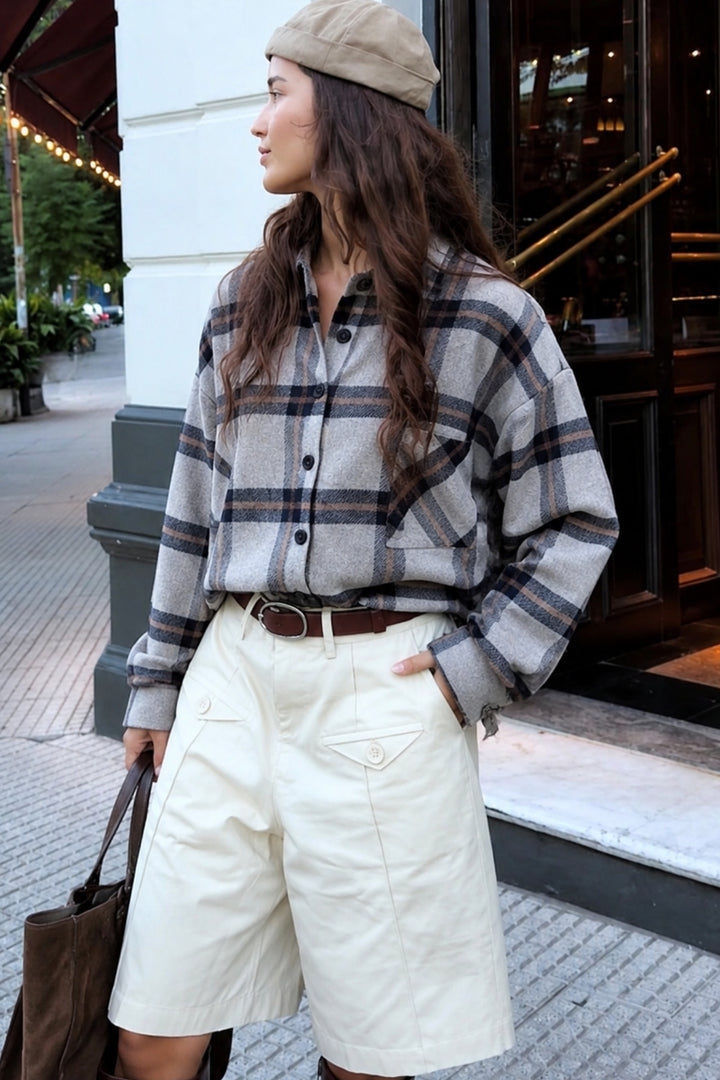 Basic Oversize Gri Ekose Gömlek