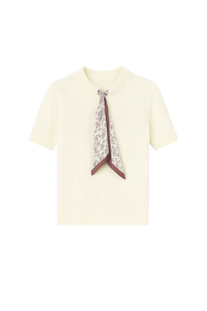 Fular Detay Yarım Kol Ekru Triko Bluz