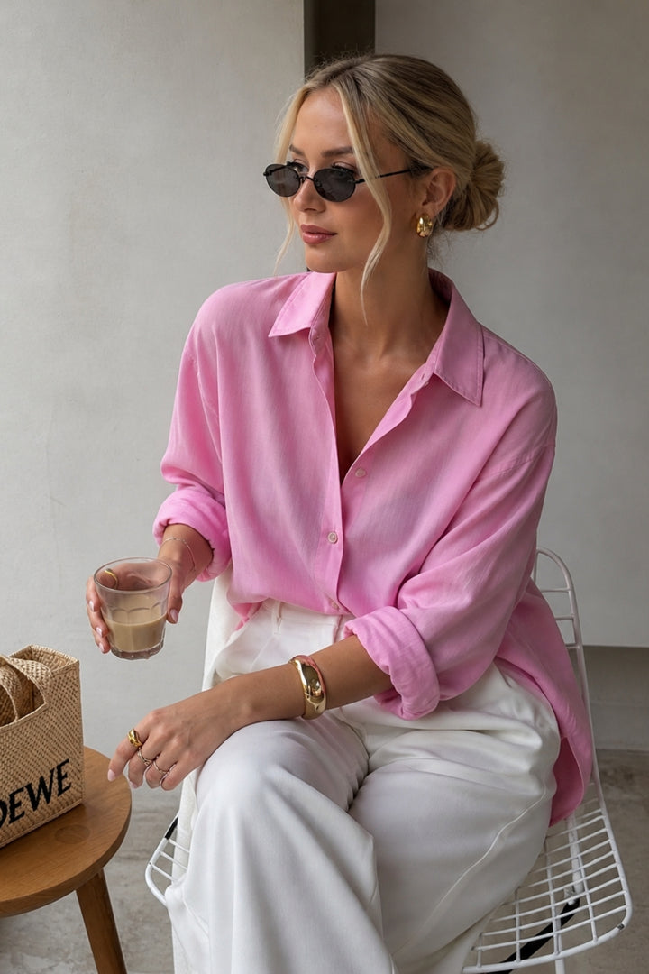 V Yaka Oversize Pembe Modal Gömlek