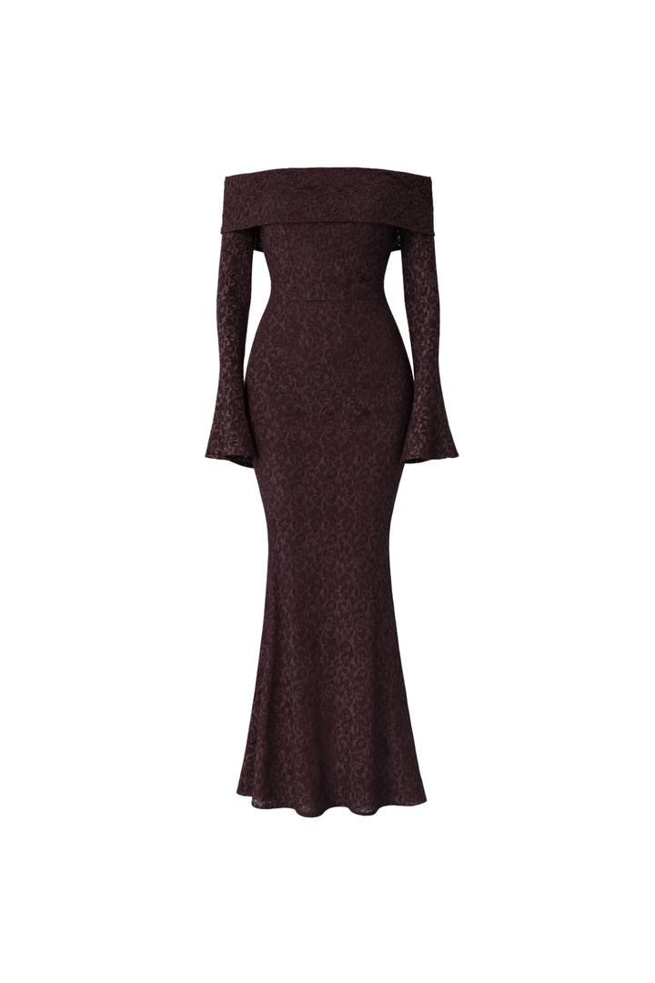 Madonna Yaka Dantelli Kahverengi Maxi Elbise