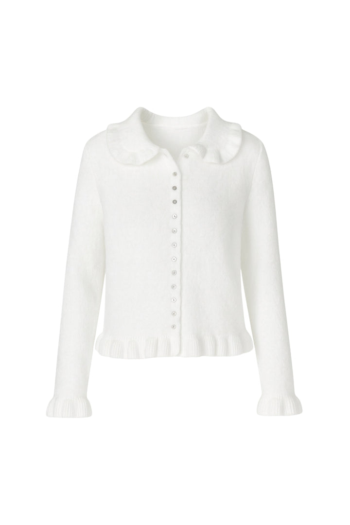 Etek ve Yaka Fırfırlı Triko Beyaz Hırka