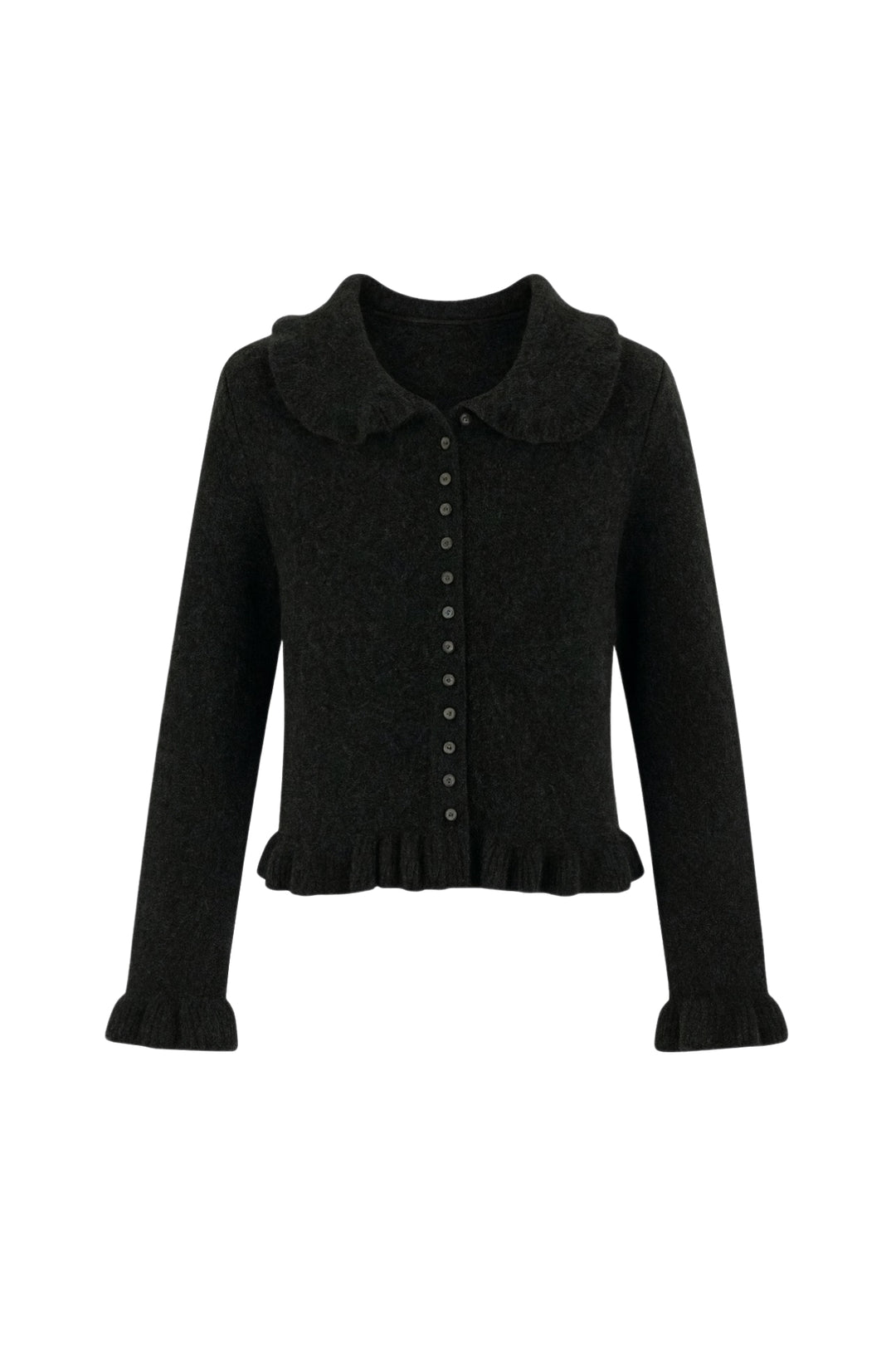 Etek ve Yaka Fırfırlı Triko Siyah Hırka