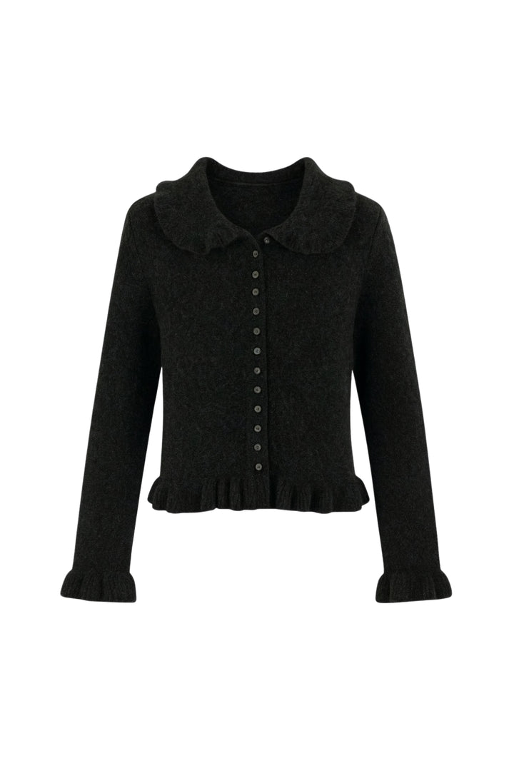 Etek ve Yaka Fırfırlı Triko Siyah Hırka