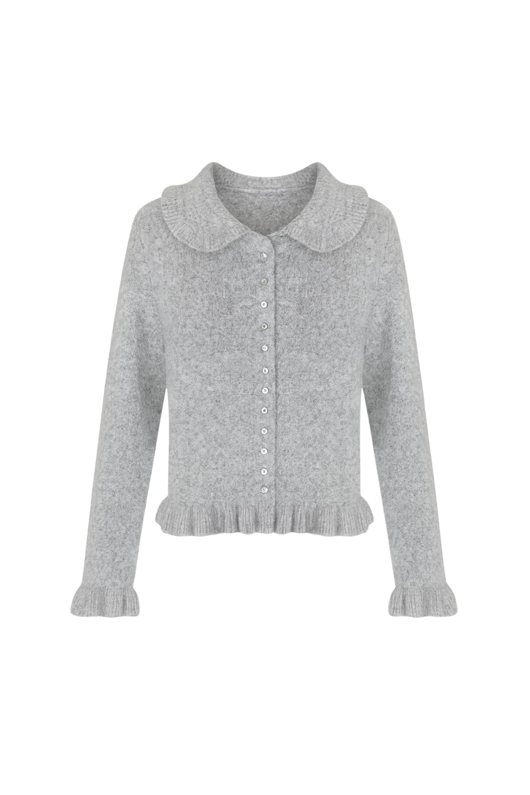 Etek ve Yaka Fırfırlı Triko Gri Hırka