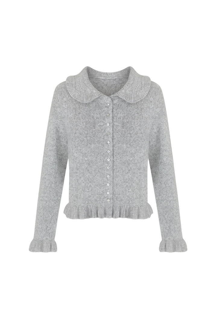 Etek ve Yaka Fırfırlı Triko Gri Hırka