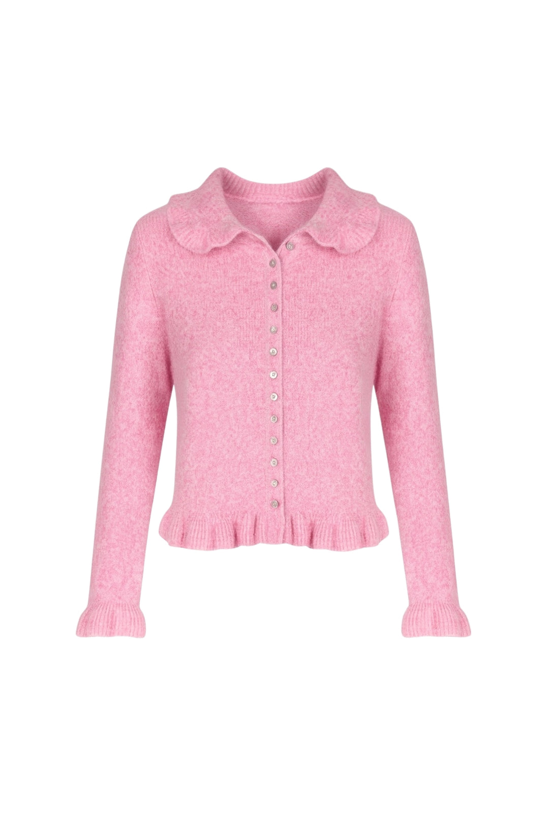 Etek ve Yaka Fırfırlı Triko Pembe Hırka