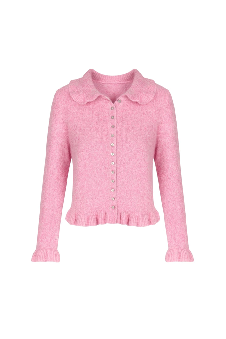 Etek ve Yaka Fırfırlı Triko Pembe Hırka