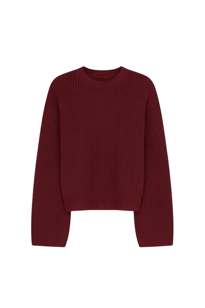 Bisiklet Yaka Örgü Detay Crop Triko Bordo Kazak