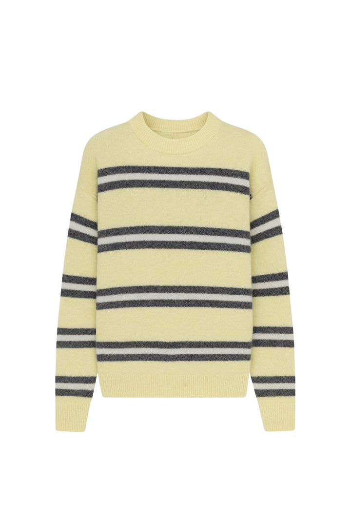 Çizgili Bisiklet Yaka Oversize Triko Sarı Kazak