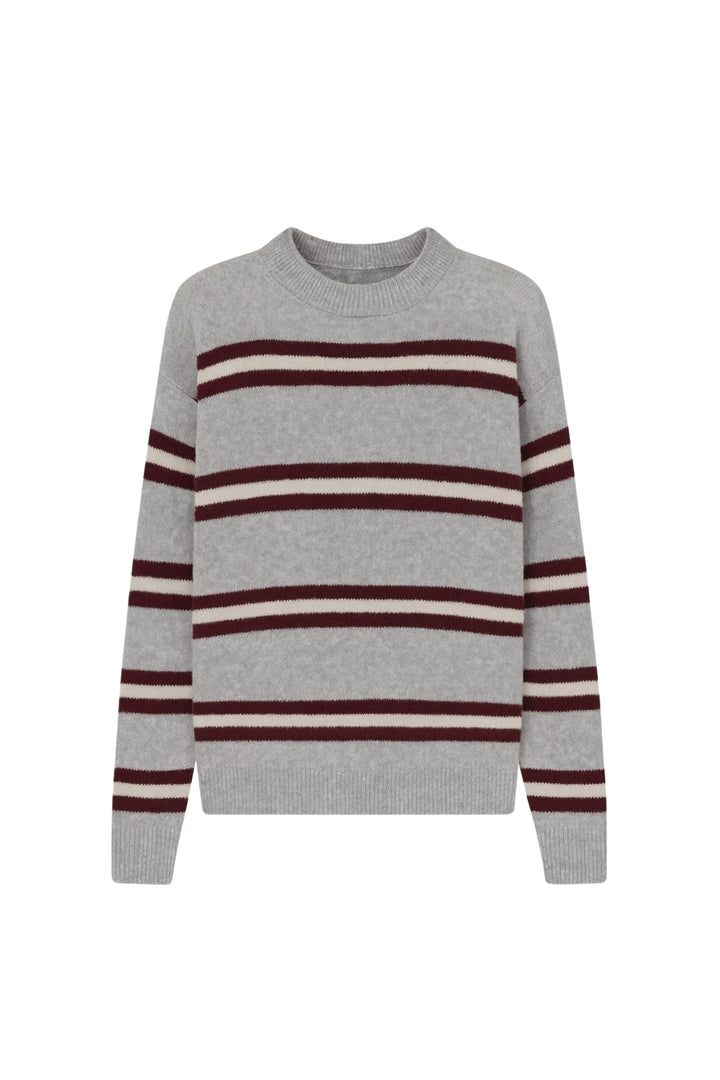 Çizgili Bisiklet Yaka Oversize Triko Gri Kazak