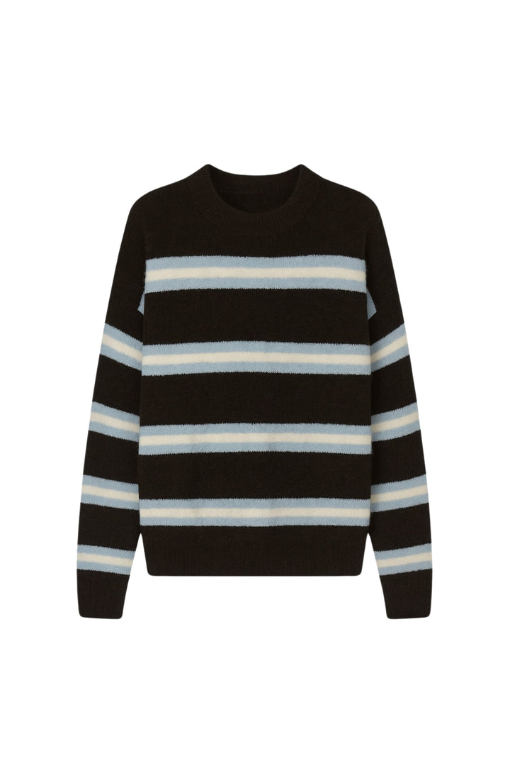 Çizgili Bisiklet Yaka Oversize Triko Kahverengi Kazak