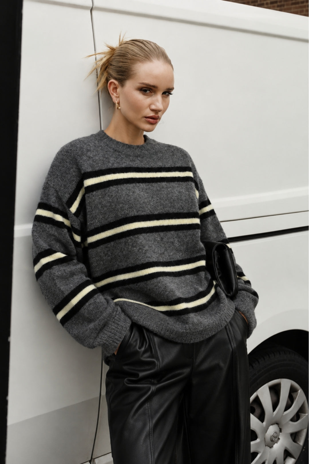 Striped Crew Neck Oversize Knit Anthracite Sweater