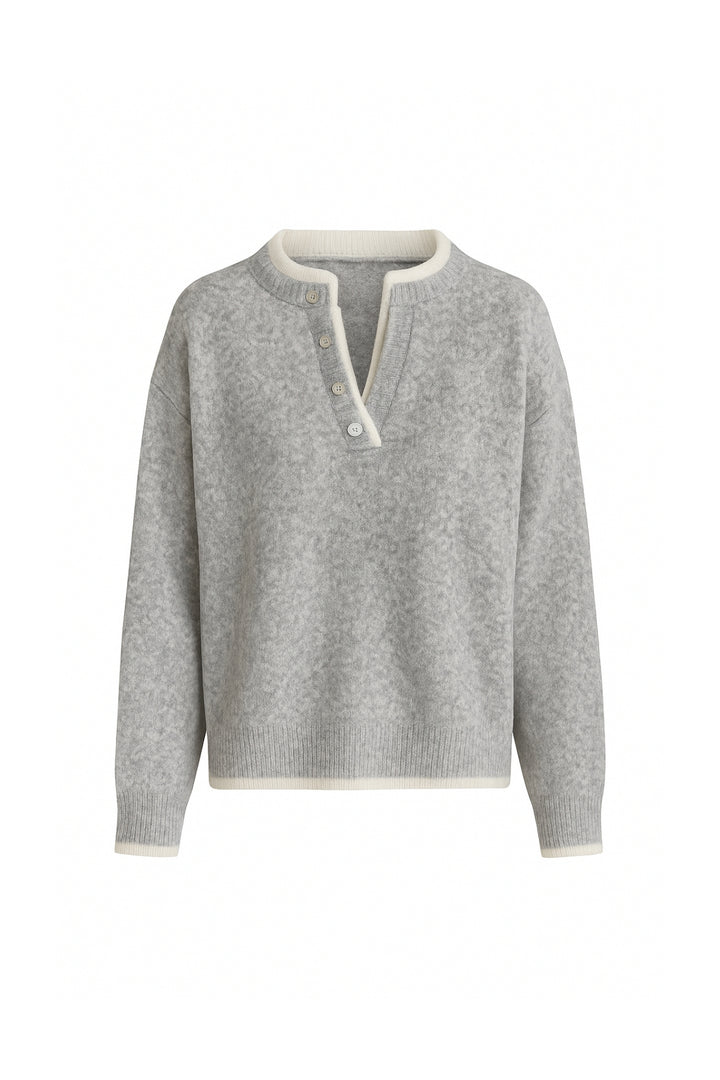 Düğme Detay Basic Gri Triko Kazak
