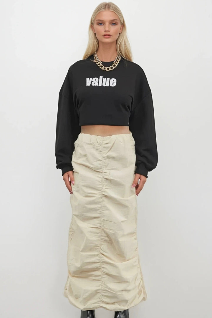 Gathered Detail Beige Maxi Skirt 