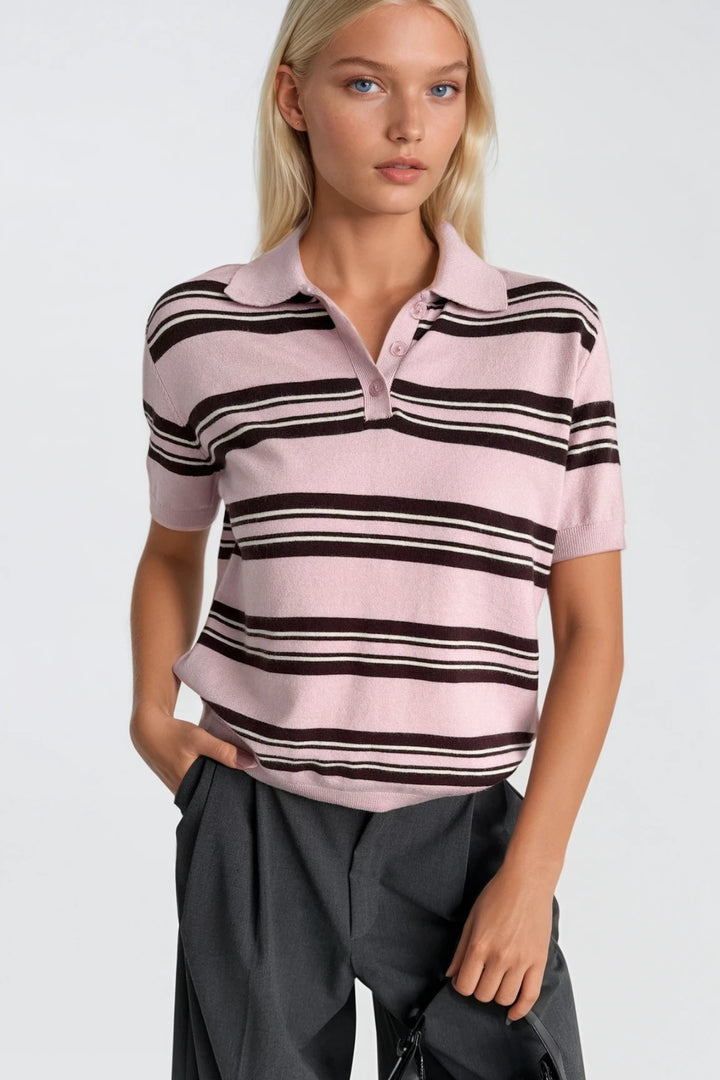 Çizgili Polo Yaka Pembe Triko Bluz