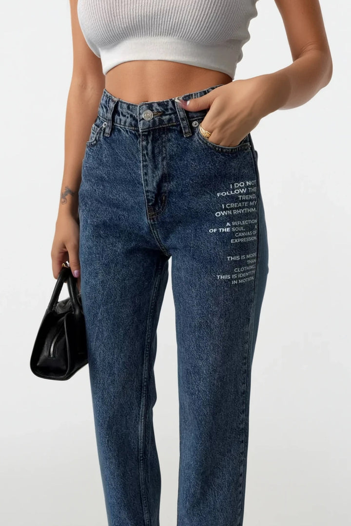 Baskılı Düşük Bel Mavi Jean