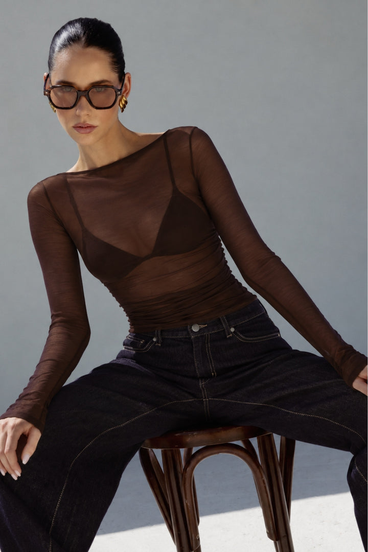 Boat Neck Brown Transparent Blouse