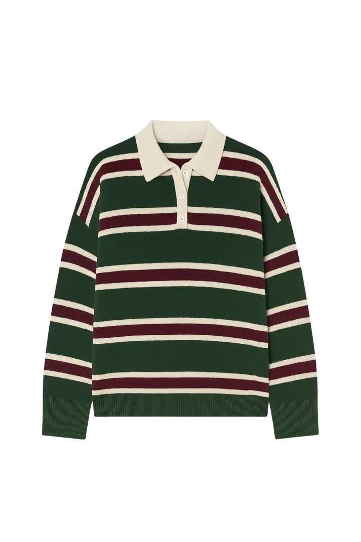 Çizgili Düğmeli Polo Yaka Yeşil Triko Bluz