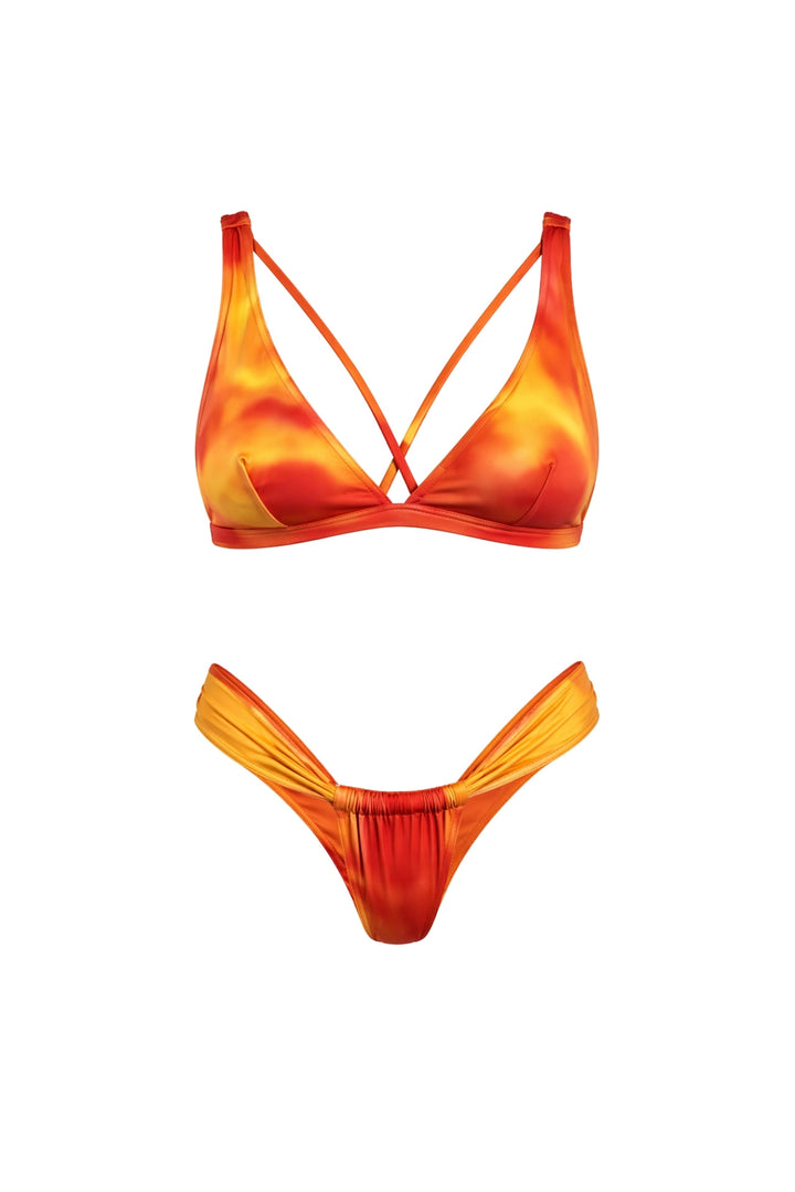 Piping Detail Pleated Orange Bikini Set 
