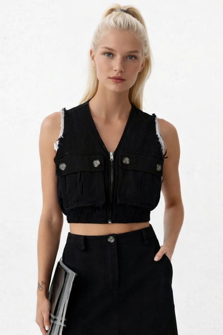 Yüksek Bel Astarlı Düğmeli Mini Siyah Etek