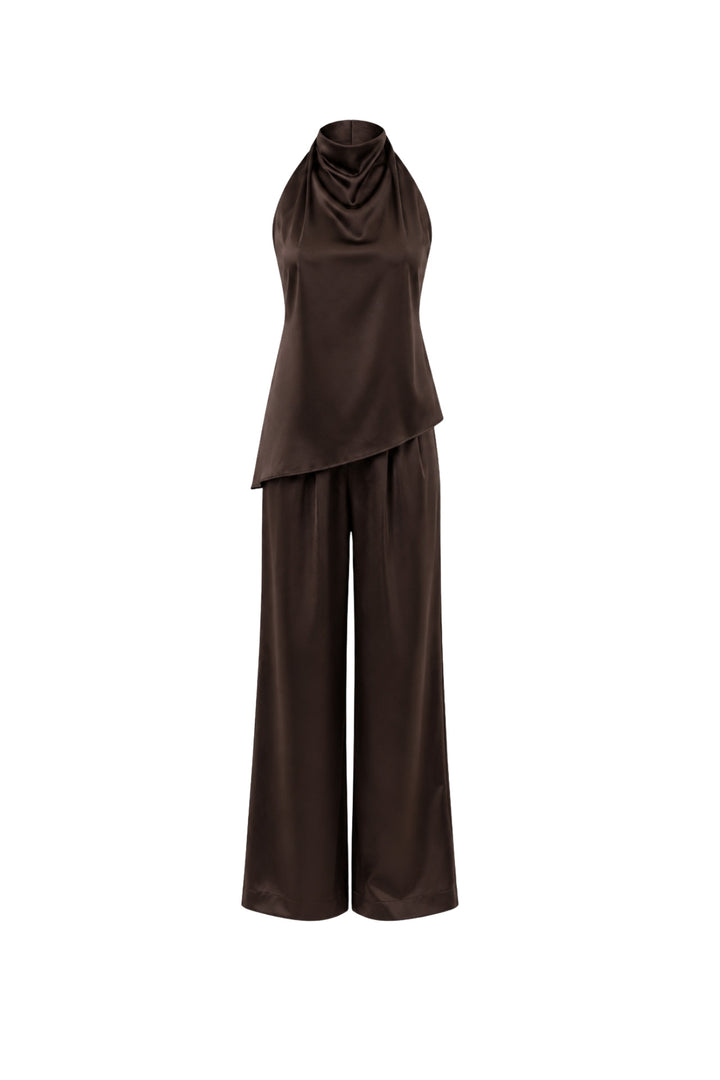 Asimetrik Kesim Sırt Dekolte Bluz Pantolon İkili Kahverengi Saten Takım