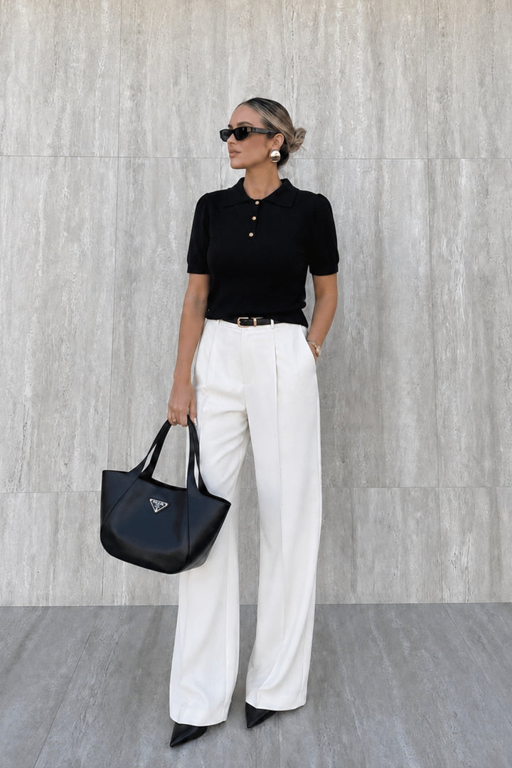 Polo Yaka Gold Düğmeli Siyah Bluz
