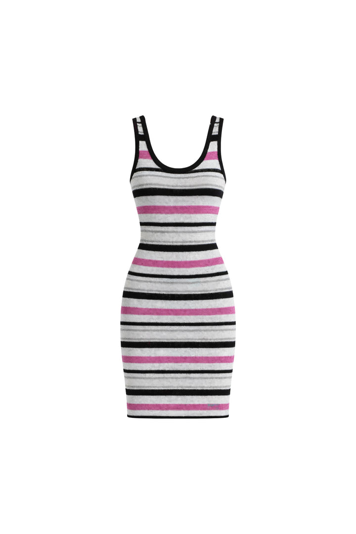 Çizgili Halter Yaka Pembe Triko Elbise