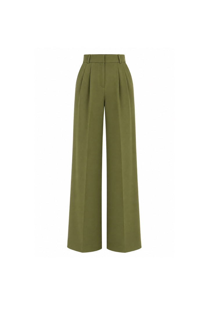 Bel Lastik Detay Pileli Haki Basic Pantolon